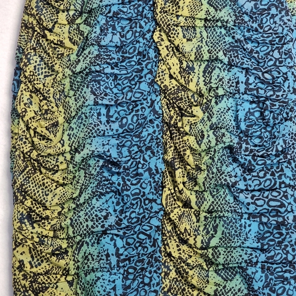 BCBG Max Azria - Blue, Turqouise, & Yellow Snakeskin Print Ruched Mesh Dress xxs - Picture 7 of 13